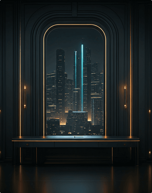 A nighttime city seen through an illuminated portal